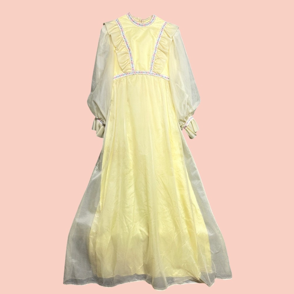 Vintage 70s yellow gown maxi empire waist ethereal fairy flower child boho retro